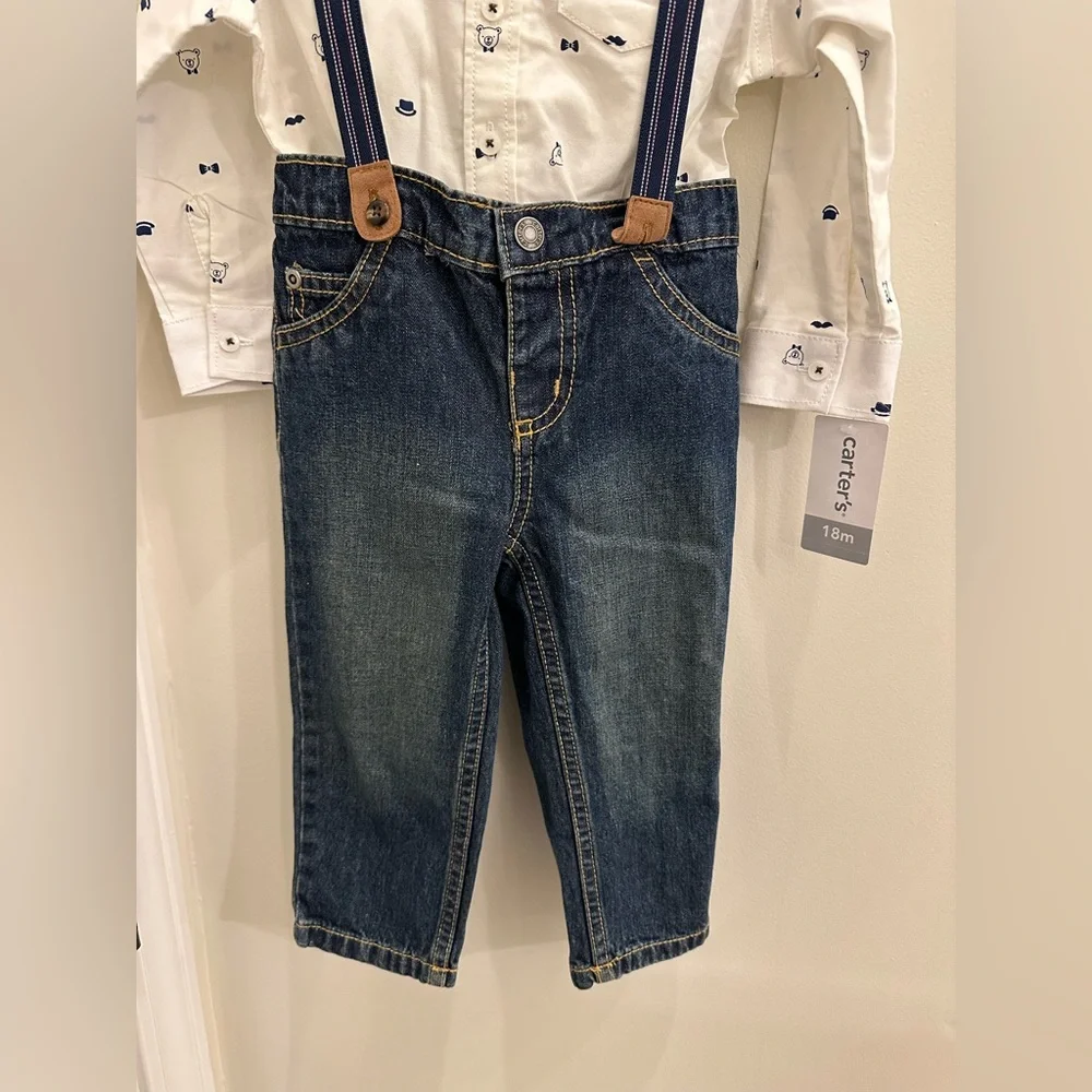 Carter’s 3 Piece Set Collared Button Up Onesie, Jeans and Suspenders - 18m